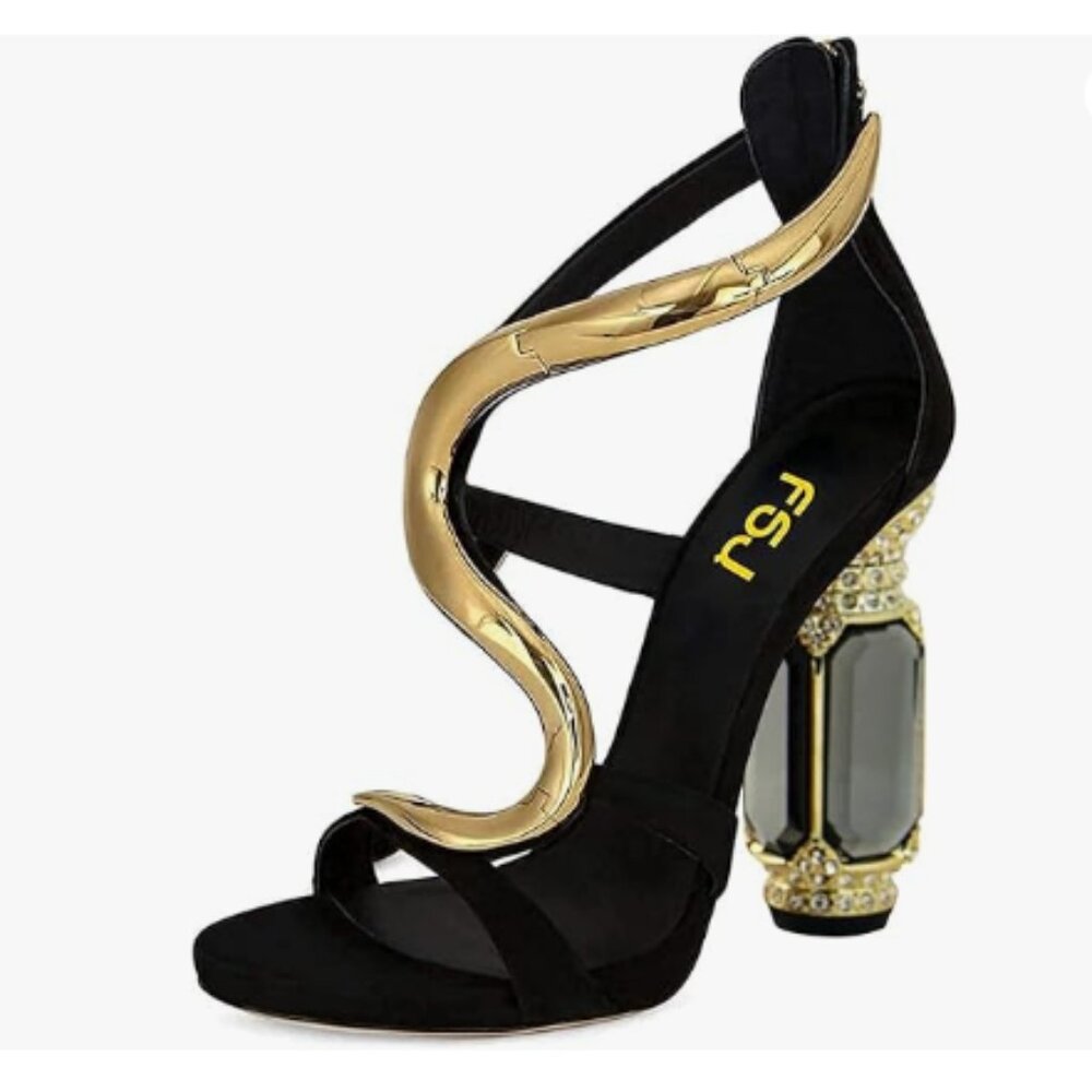 FSJ Gold S Open Toe Stylish Sandal Ankle Strap Crystal Heels Wedding Party Shoes